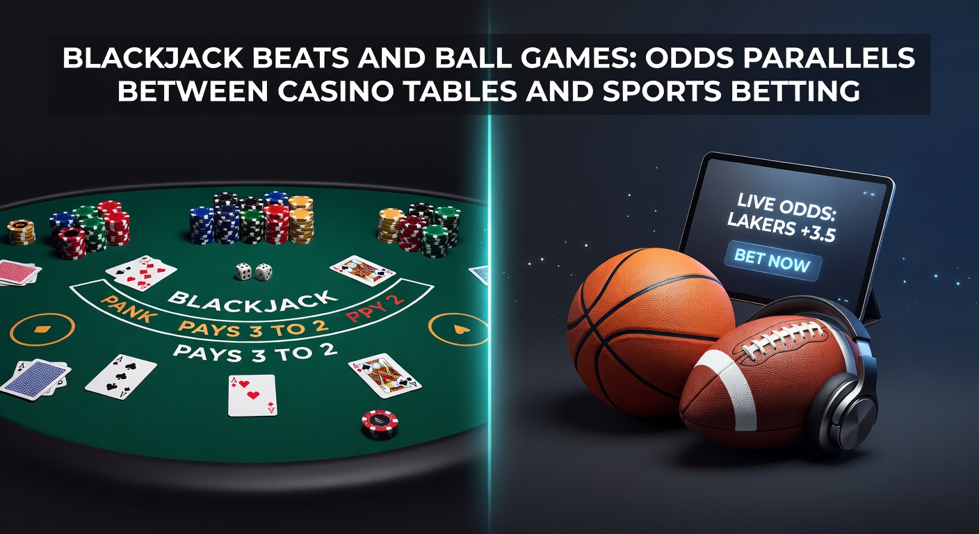 Een blackjacktafel met kaarten en fiches naast een sportveld met bal in actie, symboliserend odds-parallellen