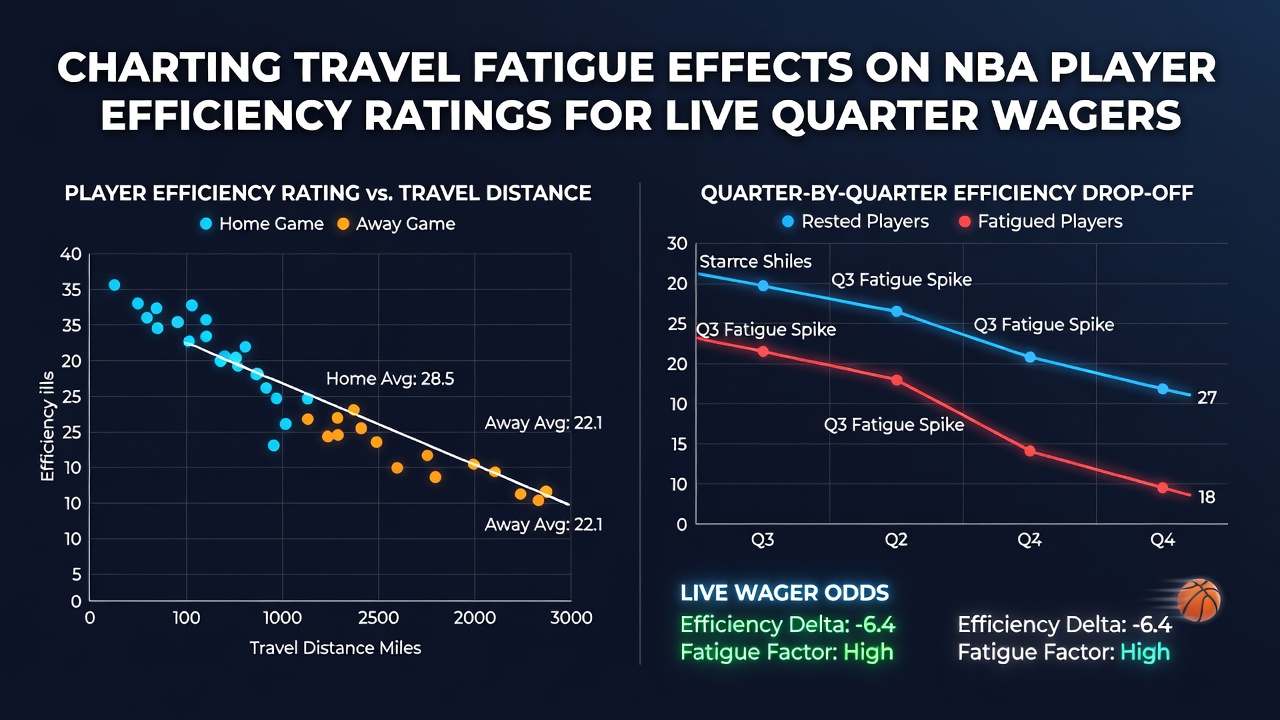 Grafiek die reisafstanden en efficiëntieratings van NBA-spelers in relatie tot live kwartweddenschappen weergeeft