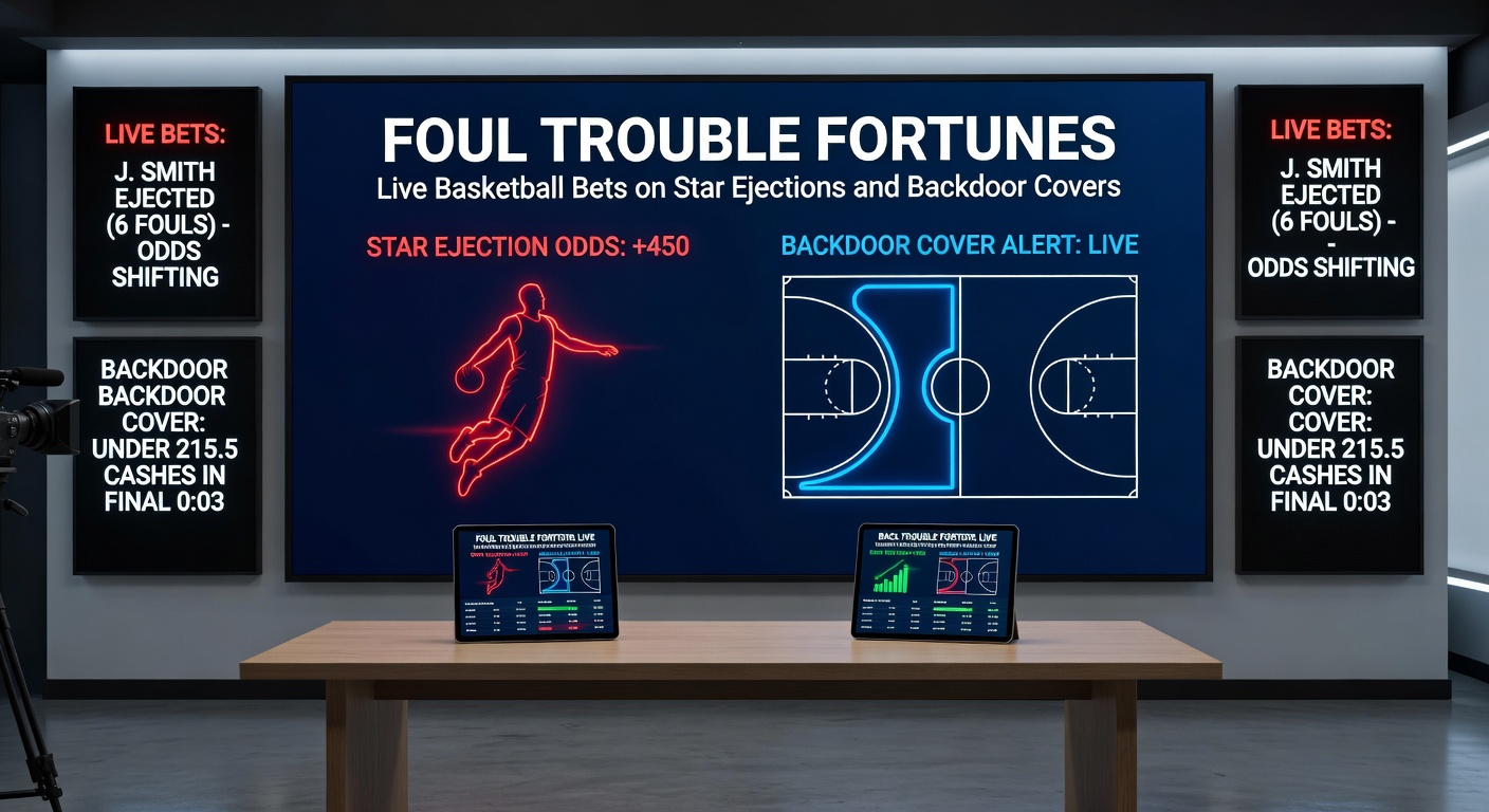 NBA-speler krijgt een technische foul en riskeert uitzetting tijdens een intense wedstrijd, met bookmakerschermen op de achtergrond