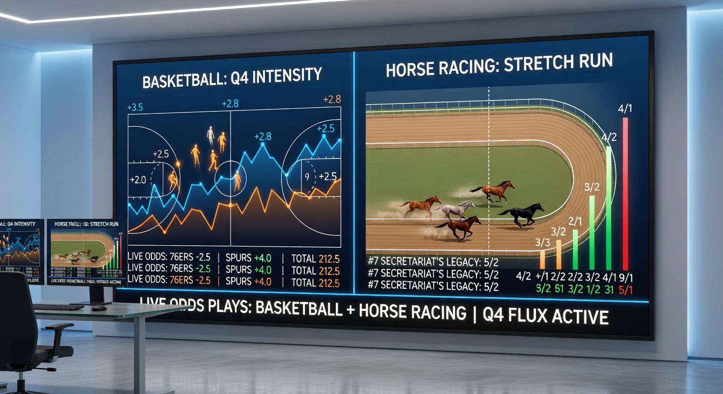 Grafiek met odds-curves voor basketbal comeback en paardenrace late surge, overlappende flux-patronen