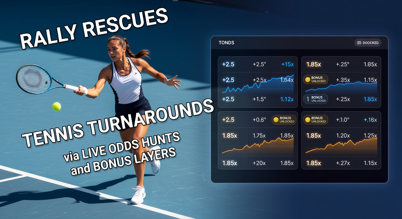 Tennisspeler die een cruciale rally wint tijdens een spannende turnaround in een ATP-wedstrijd, met live odds overlays op het scherm
