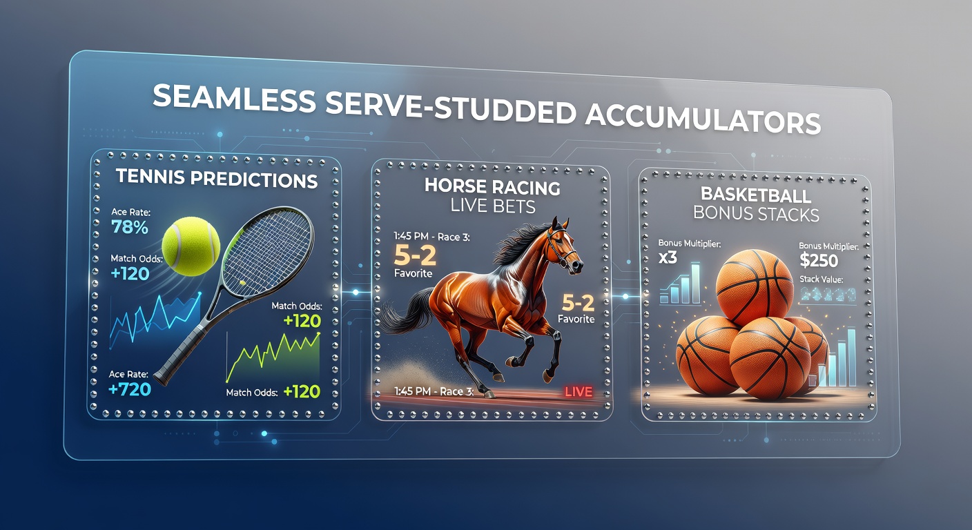 Tennisspeler serveert een ace terwijl paarden racen en basketballers scoren, illustrerend gecombineerde accumulator-weddenschappen