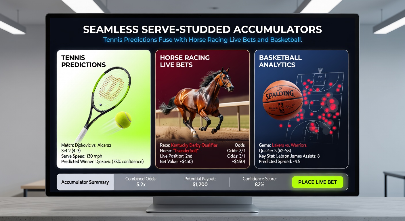 Live paardenrace met jockeys in volle sprint, naast tennisnet en basketballring, symbool voor gefuseerde live accumulator-strategieën
