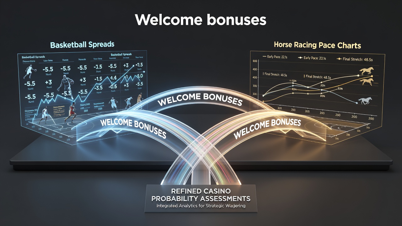 Illustratie van welkomstbonussen die basketbal spreads en paardenrace analyses verbinden in casino context